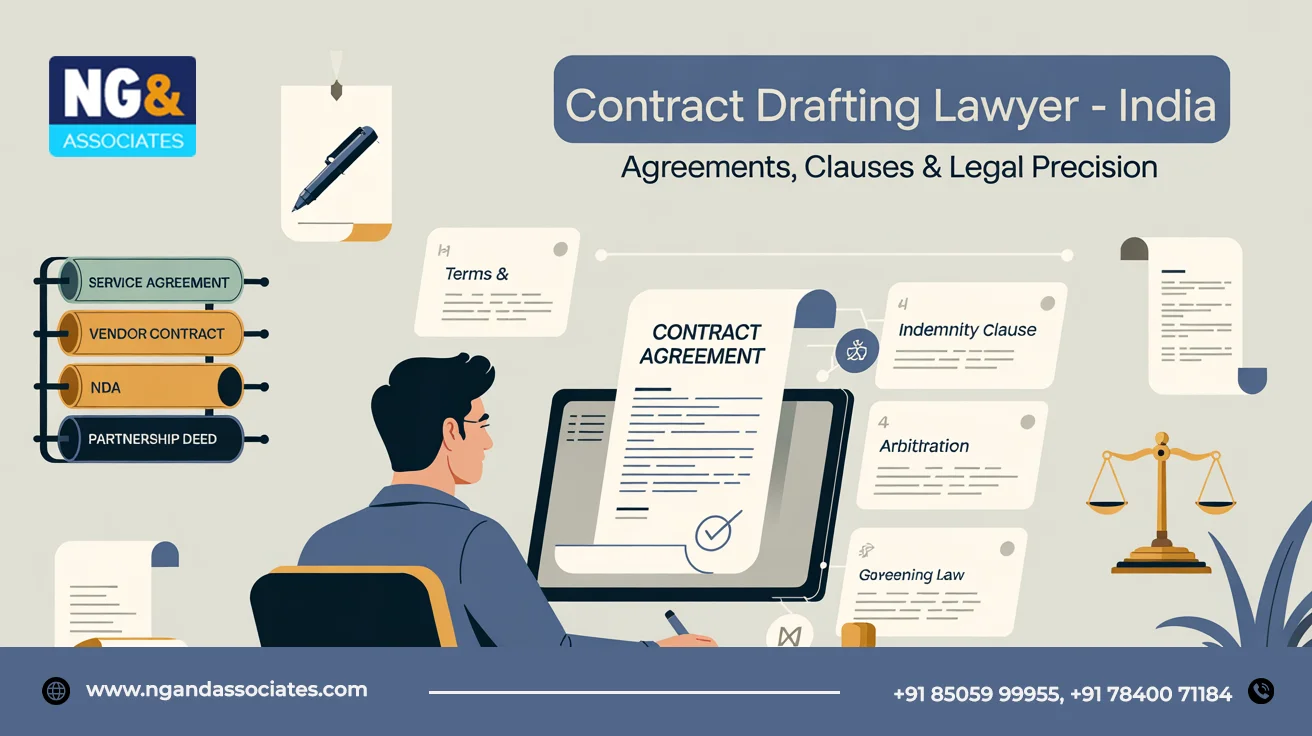 Contract drafting in India – lawyer reviewing agreement with clauses and Indian Contract Act book