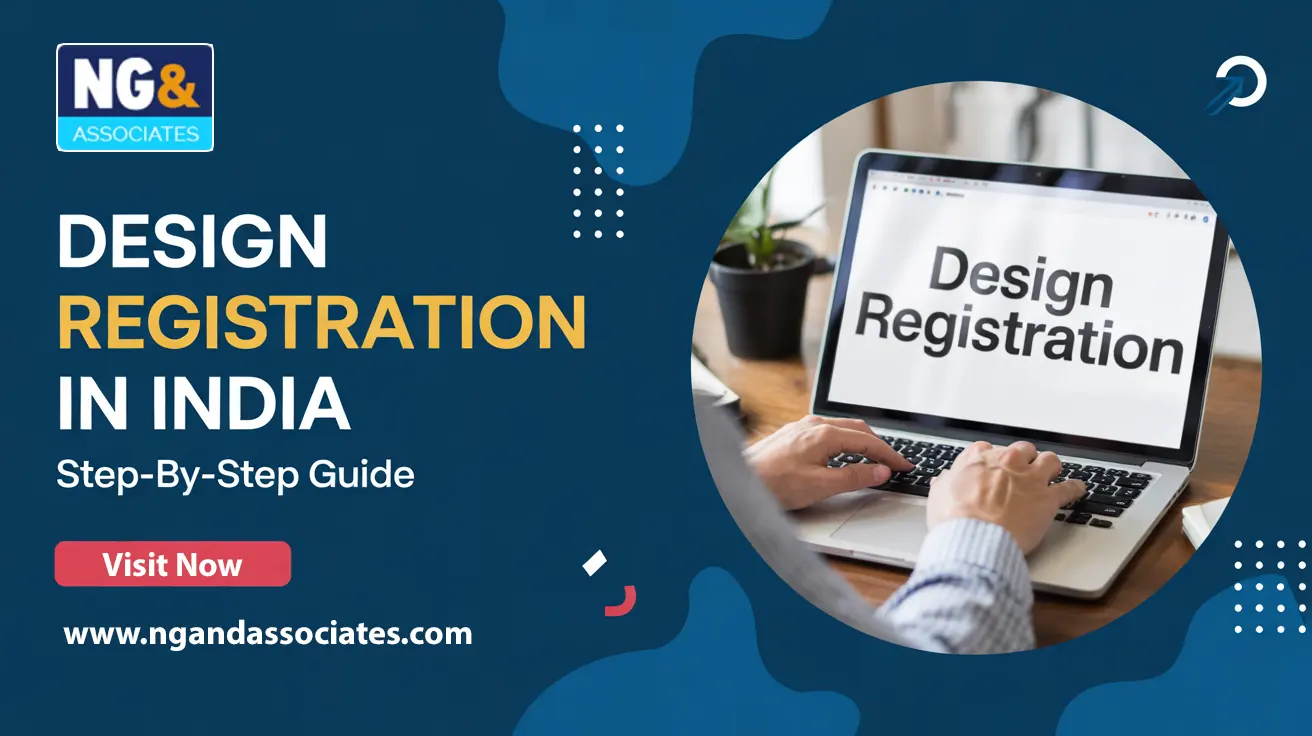 Person typing on a laptop with "Design Registration" displayed on screen; promotional banner for NG & Associates' step-by-step guide to design registration in India.